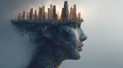 Close-up of a thinkerâs head with thoughts shaping into a floating city skyline