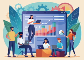 Online Business Analytics Concept. Vector cartoon illustration of a video conference of two people discussing information graphics. Isolated on background.