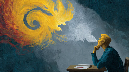 A concentrated thinker with a floating spiral becoming a phoenix