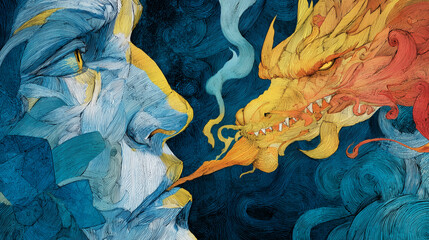 Close-up of a meditating face with thoughts flowing into a dragon