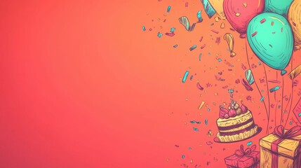 Happy Birthday! Colorful Celebration with Cake, Balloons, and Gifts