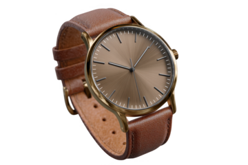 Elegant minimalist gold watch with a brown leather strap isolated on transparent background