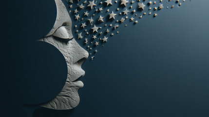 Side profile with thoughts turning into a crescent moon and stars