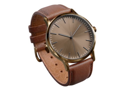 Elegant minimalist gold watch with a brown leather strap isolated on transparent background - Powered by Adobe