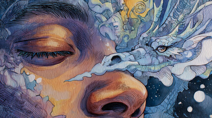 Close-up of a meditating face with thoughts flowing into a dragon