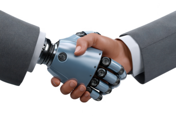 Human and robot handshake symbolizing partnership and future technology collaboration isolated on transparent background