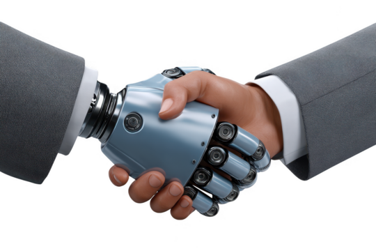 Human and robot handshake symbolizing partnership and future technology collaboration isolated on transparent background - Powered by Adobe