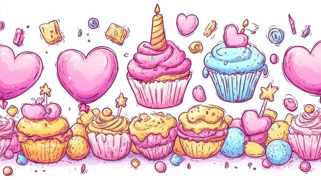 A delightful collection of pastel cupcakes, heart-shaped balloons, and asso - Powered by Adobe