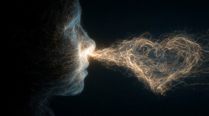 A thinkerâs mind projecting light particles forming a heart