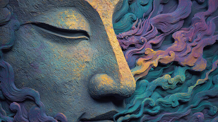 Close-up of a meditating face with thoughts flowing into a dragon