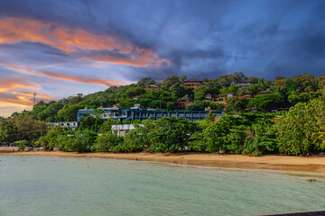 Beautiful view from Kao Khad next to Cape Panwa on the island of Phuket Thailand. Views of the turquoise Blue waters of the Andaman Sea and small islands off the coat of Phuket