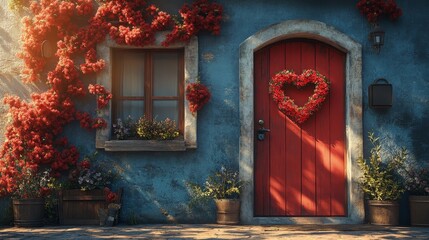Charming Mediterranean House Facade: Bougainvillea-Draped Window and Romantic Red Door with Floral Heart Wreath, Bathed in Warm Sunlight