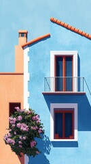 Colorful Mediterranean Architecture: A Blue Building with Balcony and Peach Chimney Nestled Against a Clear Sky with Blooming Flowers