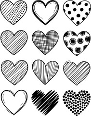 Diverse hand drawn hearts with various patterns and textures love symbol