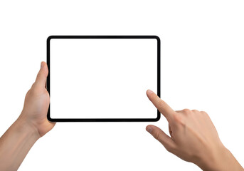 Male hands holding a digital tablet with a blank screen, finger tapping it. Isolated on transparent background, png