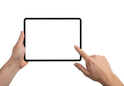 Male hands holding a digital tablet with a blank screen, finger tapping it. Isolated on transparent background, png