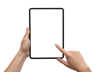 Male hands holding a digital tablet with a blank screen, finger tapping it. Isolated on transparent background, png