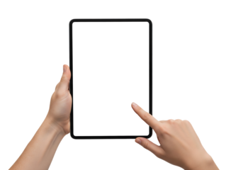 Male hands holding a digital tablet with a blank screen, finger tapping it. Isolated on transparent background, png