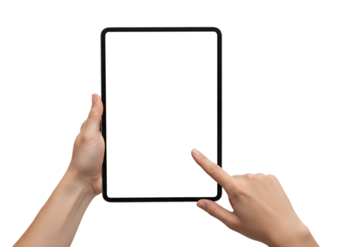 Male hands holding a digital tablet with a blank screen, finger tapping it. Isolated on transparent background, png - Powered by Adobe