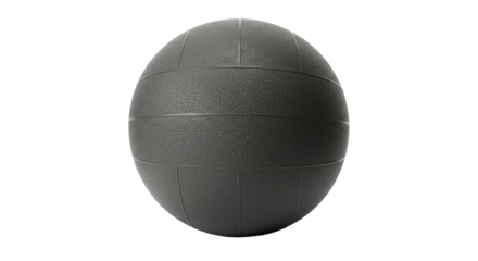 A textured gray medicine ball is featured against a dark, solid black backdrop, ideal for workout routines.