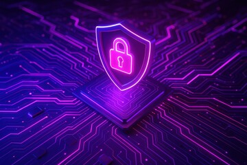 Cybersecurity Shield: A digital shield illuminated by neon light stands as a guardian, protecting vital information and networks with a symbol of security and privacy.