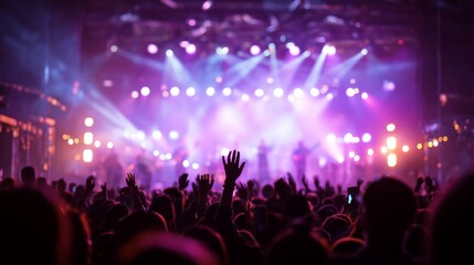 crowded concert scene with colorful stage lights and energetic live audience