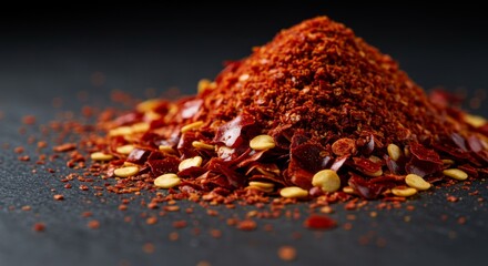 Red Pepper Flakes Pile on Dark Background