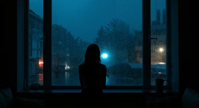 Woman sitting by the window looking out at rainy night scene  