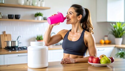 Sporty woman drinks protein shake at kitchen counter after workout.
