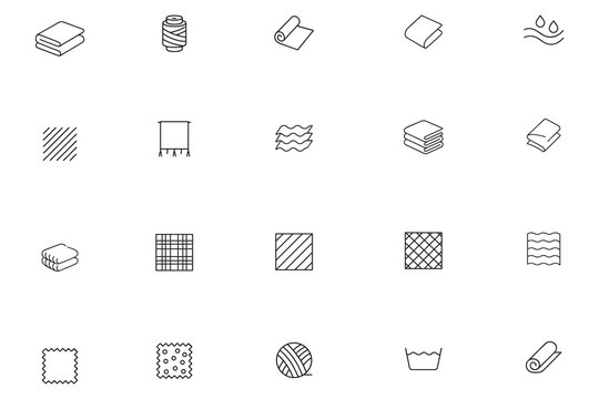 Textile and fabric line icon set, vector collection of towel, cloth swatch, and laundry symbols, illustrating material properties and patterns for design