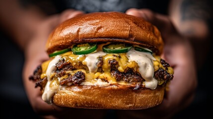 double smash burger with melted cheese jalapeños and ranch in moody street style