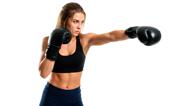 A determined woman throwing a punch in her boxing training session, showing her strength and focus.