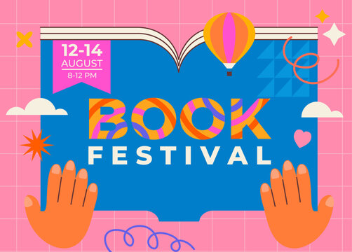 Book festival poster,banner.Book fair concept.Education,culture festival day,library or literature event.Fantasy,adventures fairytails for Imagination.Studying,learning, self education concept. Vector