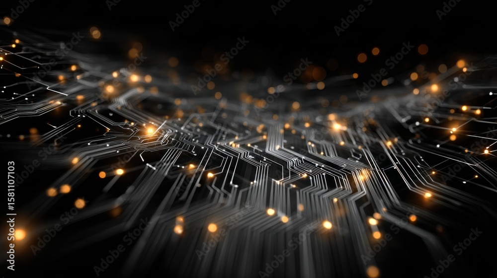 Poster a close-up view of a complex circuit board pattern with glowing lights scattered throughout.
