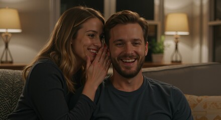 Couple laughing and whispering together on cozy sofa at home  