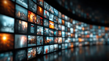 A digital wall filled with colorful displays of various images lights up a contemporary gallery space, creating a lively atmosphere during a special evening gathering.