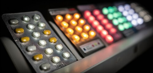 Shelf of colorful pill blister packs under fluorescent light