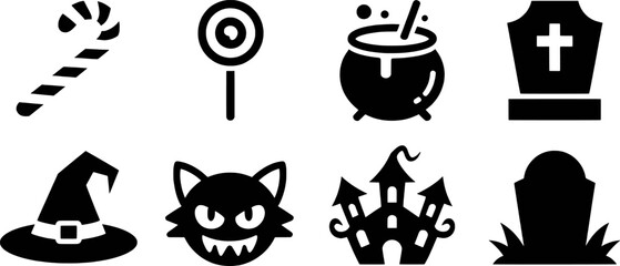 Halloween icons candy cane lollipop cauldron witch hat black cat haunted house tombstone