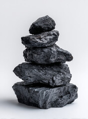 Minimalist studio shot of stacked black stones on white background