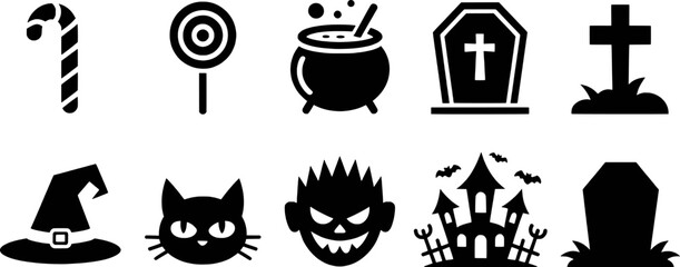 Halloween icons candy cane lollipop cauldron coffin tombstone witch hat black cat monster haunted house bats