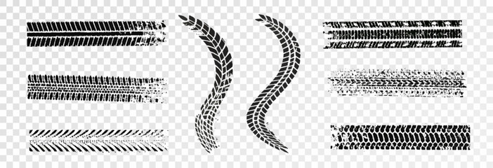 Traces of car, motorcycle tread. Curved realistic traces of tires of wheels from different types of tread vector png. Car wheels on disks.   © Iryna