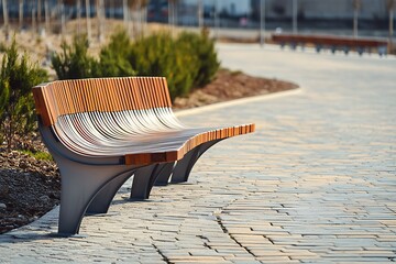 Curved wooden bench with metal legs in a minimalist roadside plaza, surrounded by modern paving 