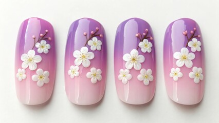 Elegant lavender and pink ombre nails adorned with delicate white cherry blossoms