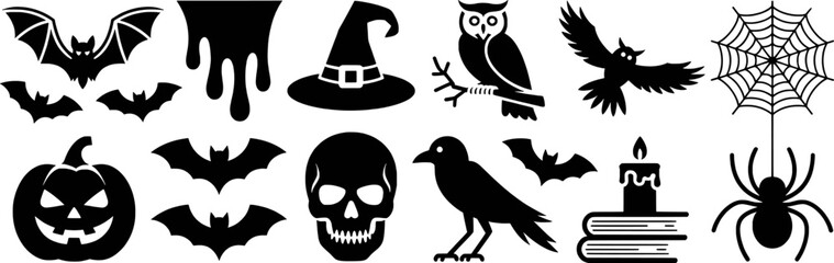 Halloween symbols collection black silhouettes of creatures and objects crow spider