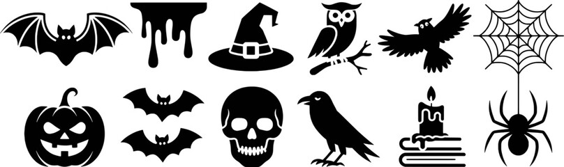 Halloween themed black graphic icons set featuring creatures and symbols vector