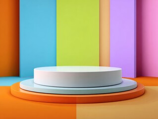 Podium with colorful pastel background. geometric shape for product display presentation. Minimal scene for mockup products, stage showcase, promotion display.