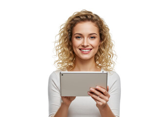 Fototapeta premium Smiling Woman Holding Tablet on Transparent Background