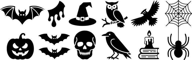 Halloween themed black silhouettes of creatures and objects drip