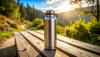 Metal water bottle on a park bench at sunset