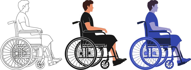 Vector illustrations show a man in a wheelchair in various styles